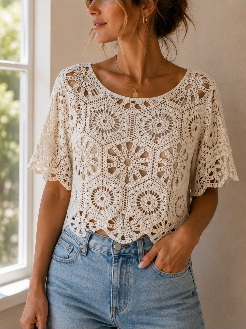 Rebellion Cream Crochet Lace Short-Sleeve Blouse